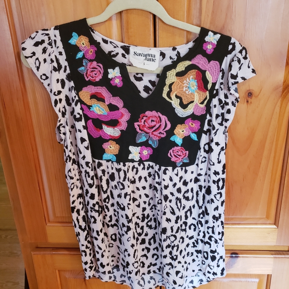 Savanna Jane Multicolor Embroidered Leopard Blouse